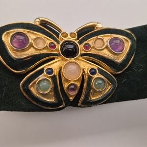 Judith Leiber Vintage Dark Green Suede Adjustable Belt GEMSTONE Buckle